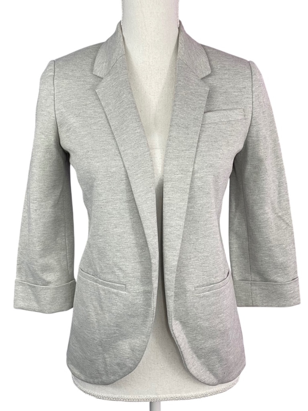 Marled 3/4 Sleeve Blazer 2 Notched Lapel Open Front Pockets Dove Gray Jacket